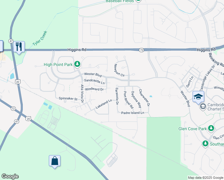 map of restaurants, bars, coffee shops, grocery stores, and more near 1555 Windward Drive in Pingree Grove