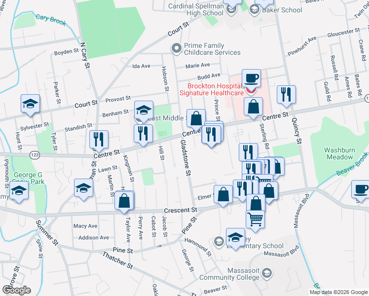 map of restaurants, bars, coffee shops, grocery stores, and more near 26 Gladstone Street in Brockton