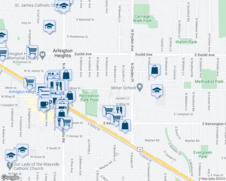 map of restaurants, bars, coffee shops, grocery stores, and more near 801 East Miner Street in Arlington Heights
