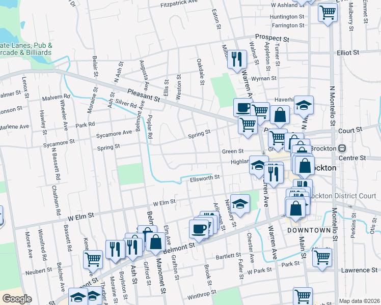 map of restaurants, bars, coffee shops, grocery stores, and more near 274 Green Street in Brockton