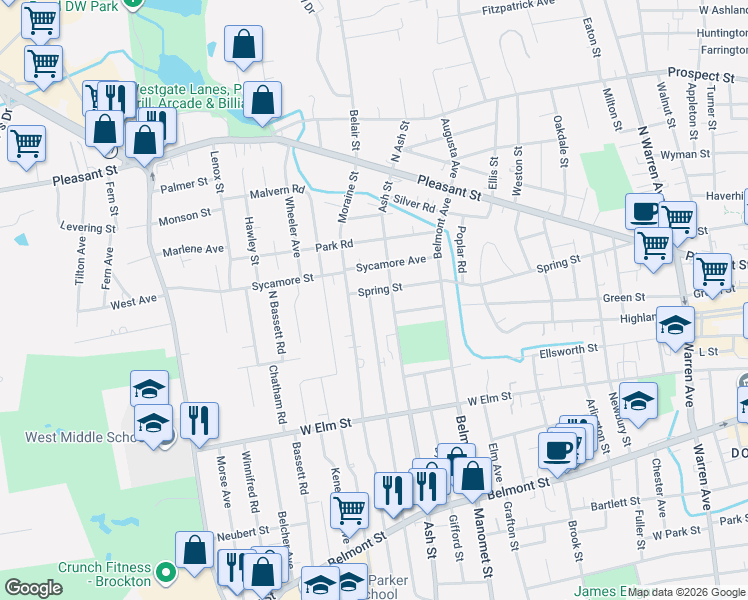 map of restaurants, bars, coffee shops, grocery stores, and more near 144 Moraine Street in Brockton