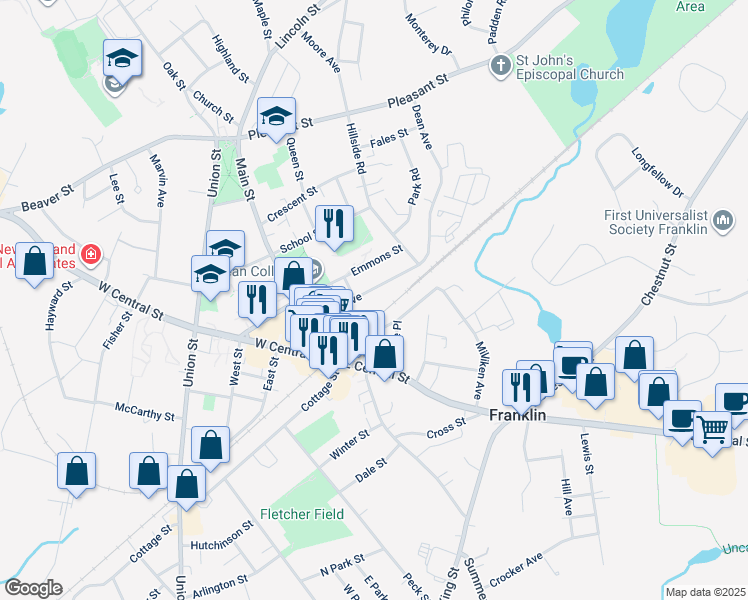 map of restaurants, bars, coffee shops, grocery stores, and more near 49 Dean Avenue in Franklin