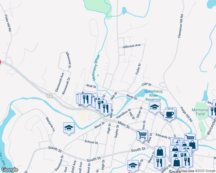 map of restaurants, bars, coffee shops, grocery stores, and more near 81 Pleasant Street in Southbridge