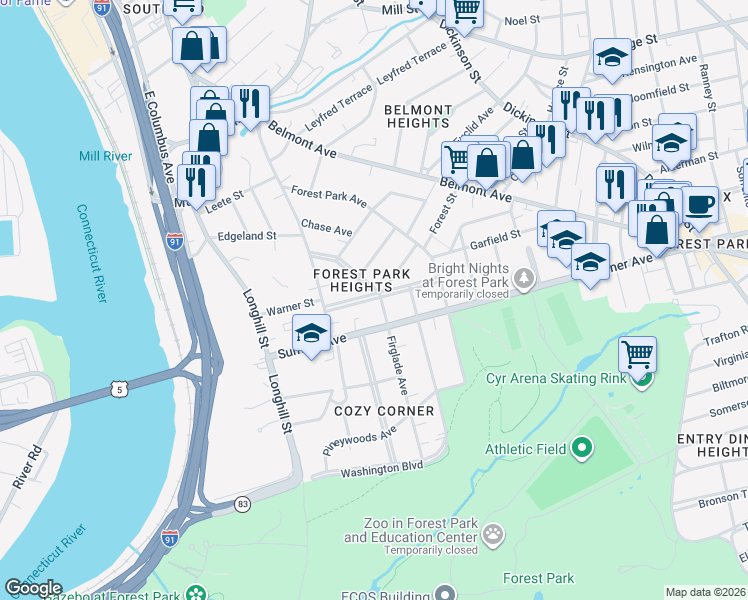 map of restaurants, bars, coffee shops, grocery stores, and more near 146 Sumner Avenue in Springfield