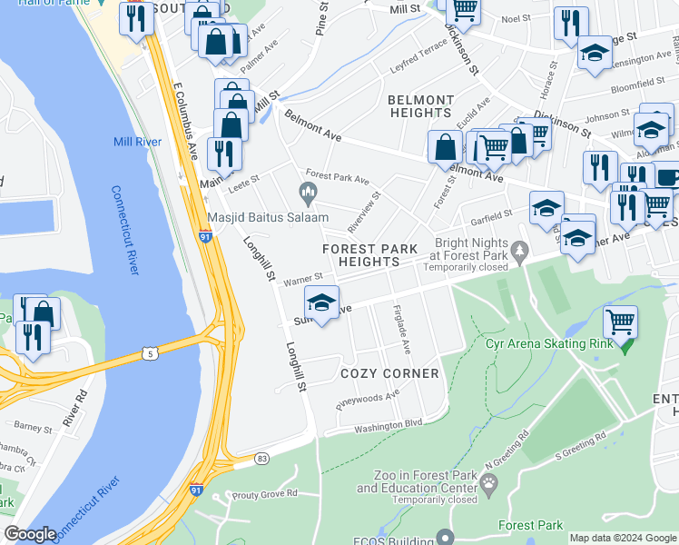 map of restaurants, bars, coffee shops, grocery stores, and more near 248 Fort Pleasant Avenue in Springfield