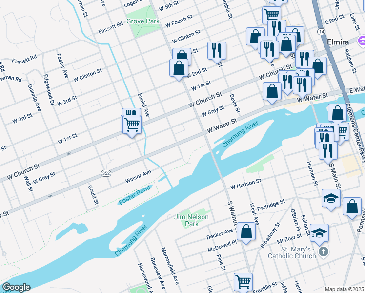 map of restaurants, bars, coffee shops, grocery stores, and more near 50 Grove Street in Elmira