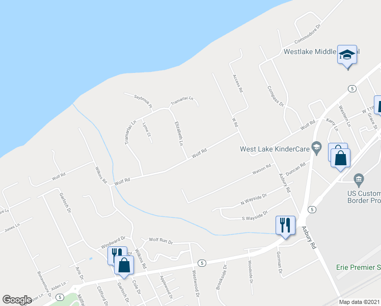 map of restaurants, bars, coffee shops, grocery stores, and more near 4950 Wolf Road in Erie