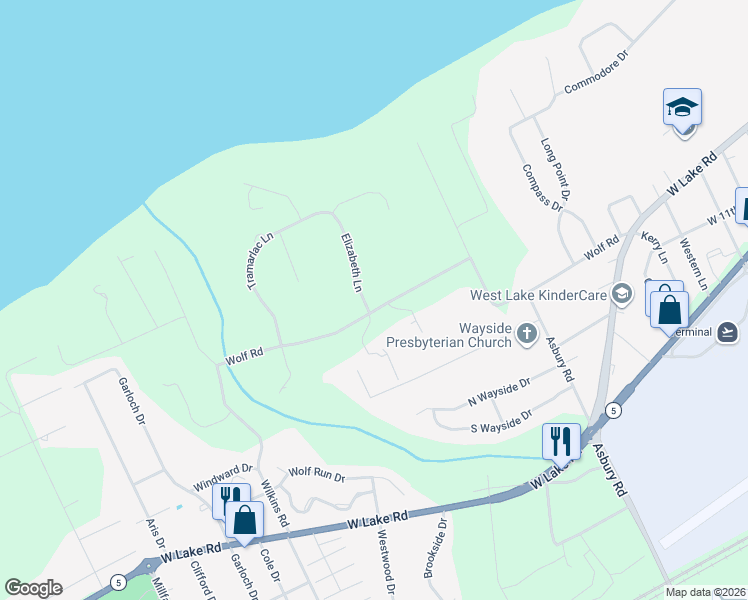 map of restaurants, bars, coffee shops, grocery stores, and more near 4950 Wolf Road in Erie