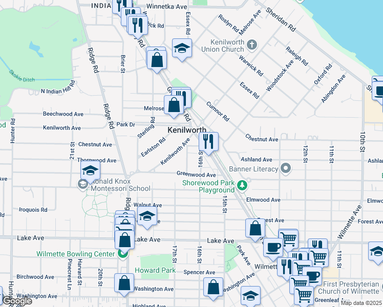 map of restaurants, bars, coffee shops, grocery stores, and more near 1227 16th Street in Wilmette