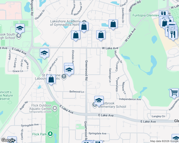 map of restaurants, bars, coffee shops, grocery stores, and more near 1605 Greenwood Road in Glenview
