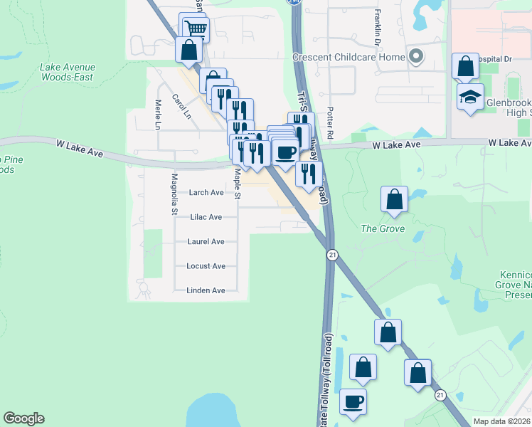 map of restaurants, bars, coffee shops, grocery stores, and more near 4644 Jenna Road in Glenview