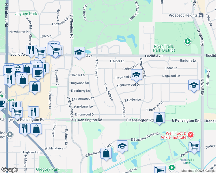 map of restaurants, bars, coffee shops, grocery stores, and more near 904 East Greenwood Drive in Mount Prospect