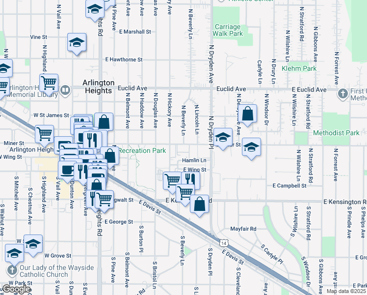 map of restaurants, bars, coffee shops, grocery stores, and more near 801 East Miner Street in Arlington Heights