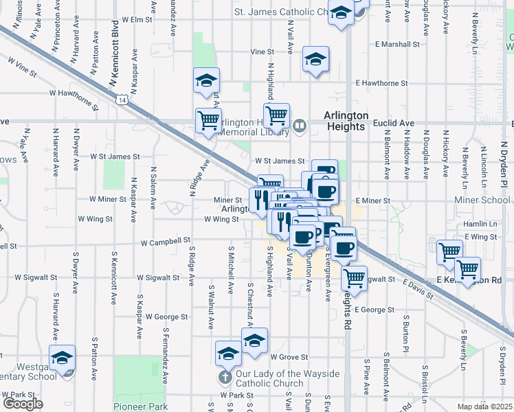 map of restaurants, bars, coffee shops, grocery stores, and more near 122 North Vail Avenue in Arlington Heights