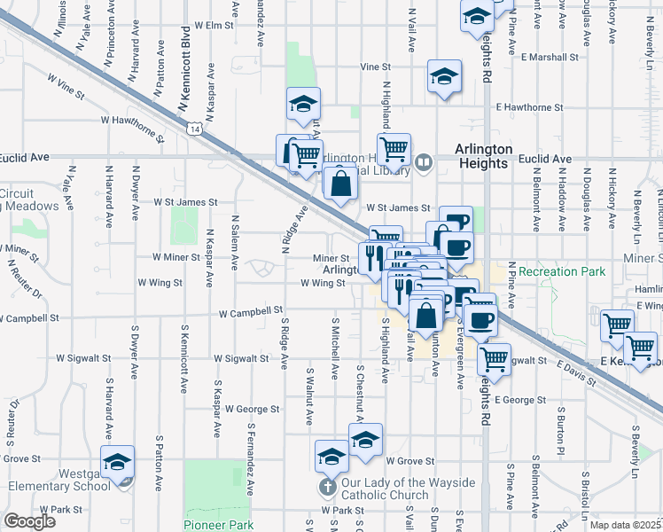 map of restaurants, bars, coffee shops, grocery stores, and more near 412 West Wing Street in Arlington Heights