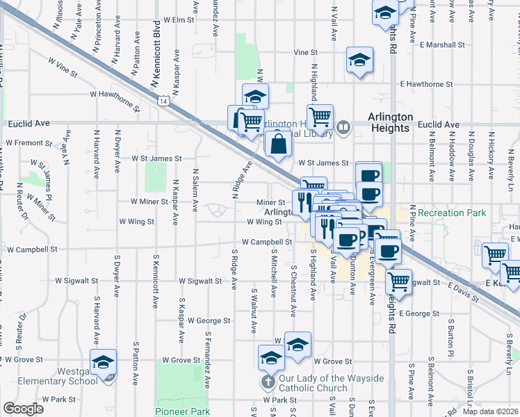 map of restaurants, bars, coffee shops, grocery stores, and more near 412 West Wing Street in Arlington Heights