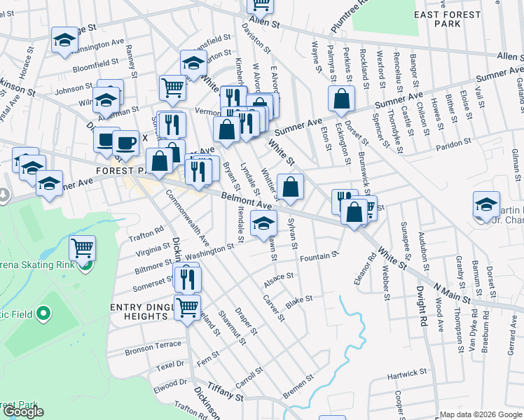 map of restaurants, bars, coffee shops, grocery stores, and more near 782 Belmont Avenue in Springfield