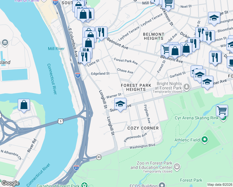 map of restaurants, bars, coffee shops, grocery stores, and more near 52 Warner Street in Springfield