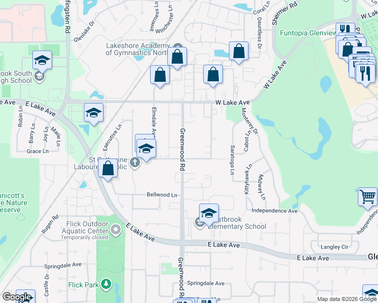map of restaurants, bars, coffee shops, grocery stores, and more near 1605 Greenwood Road in Glenview