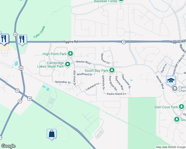 map of restaurants, bars, coffee shops, grocery stores, and more near 1563 Windward Drive in Pingree Grove