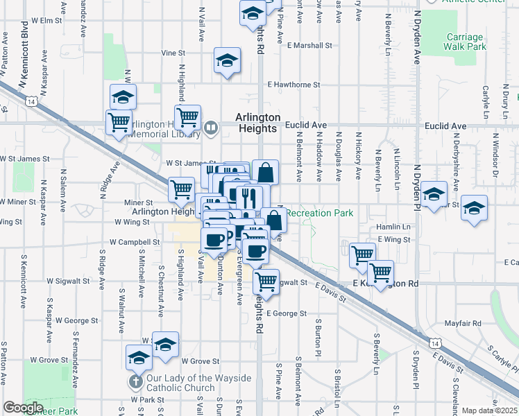 map of restaurants, bars, coffee shops, grocery stores, and more near 180 North Arlington Heights Road in Arlington Heights
