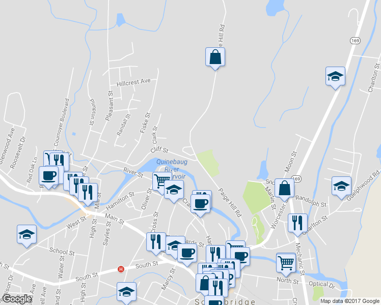 map of restaurants, bars, coffee shops, grocery stores, and more near 143 Clemence Hill Road in Southbridge