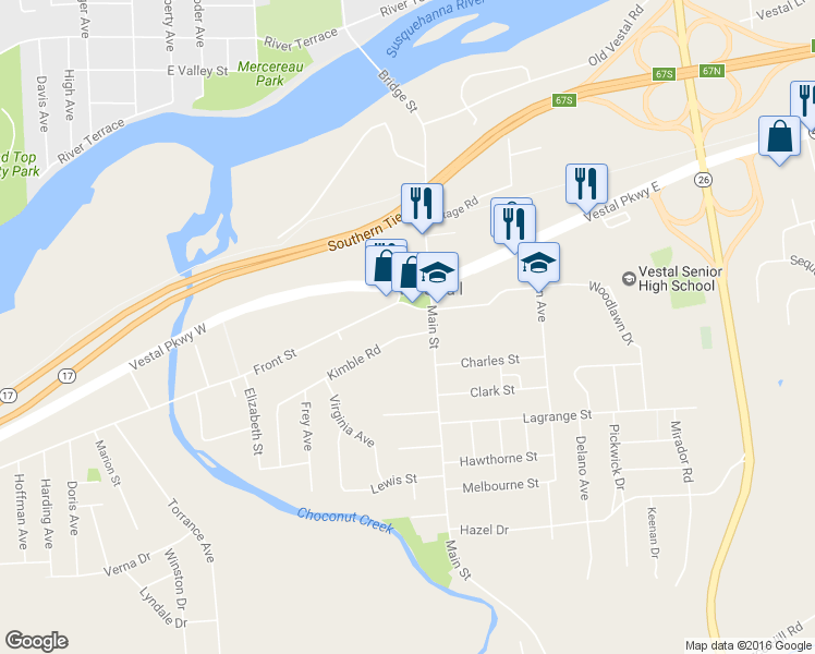 map of restaurants, bars, coffee shops, grocery stores, and more near 108 Kimble Road in Vestal