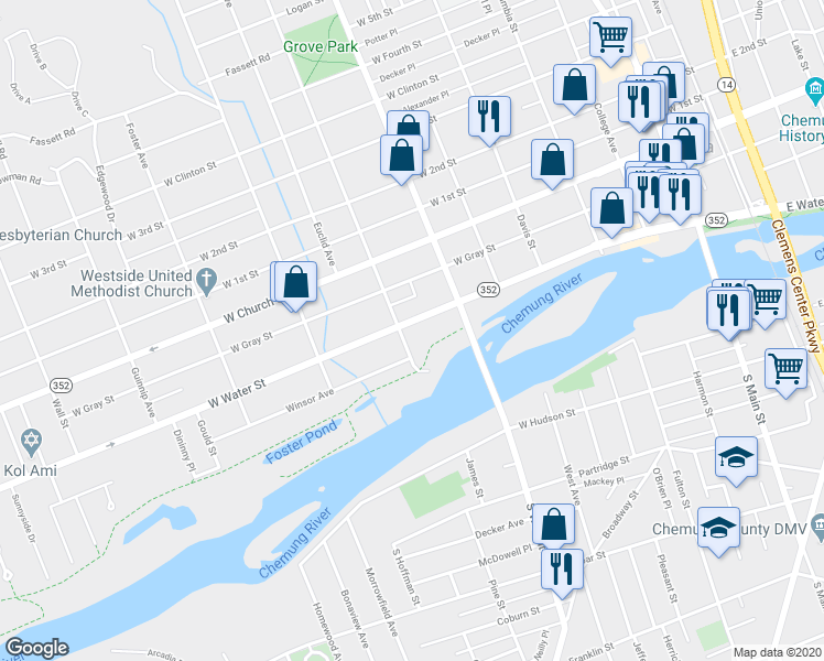 map of restaurants, bars, coffee shops, grocery stores, and more near 531 West Water Street in Elmira