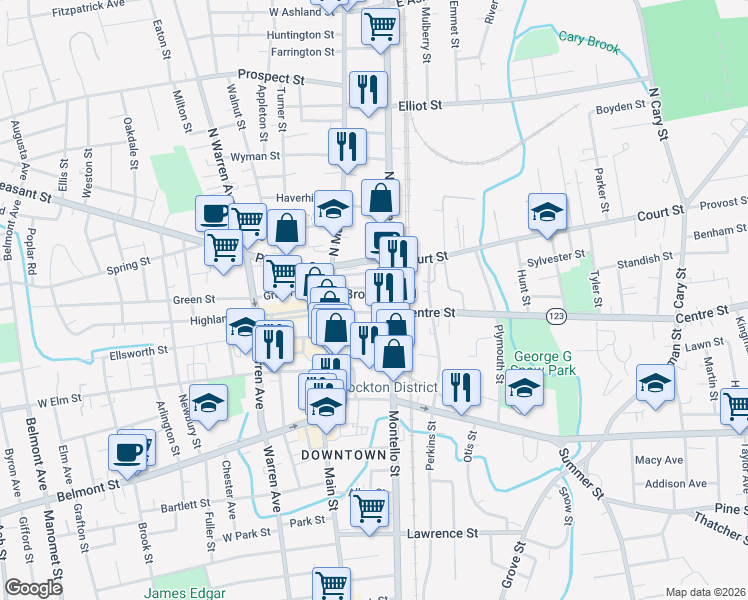 map of restaurants, bars, coffee shops, grocery stores, and more near 50 Centre Street in Brockton