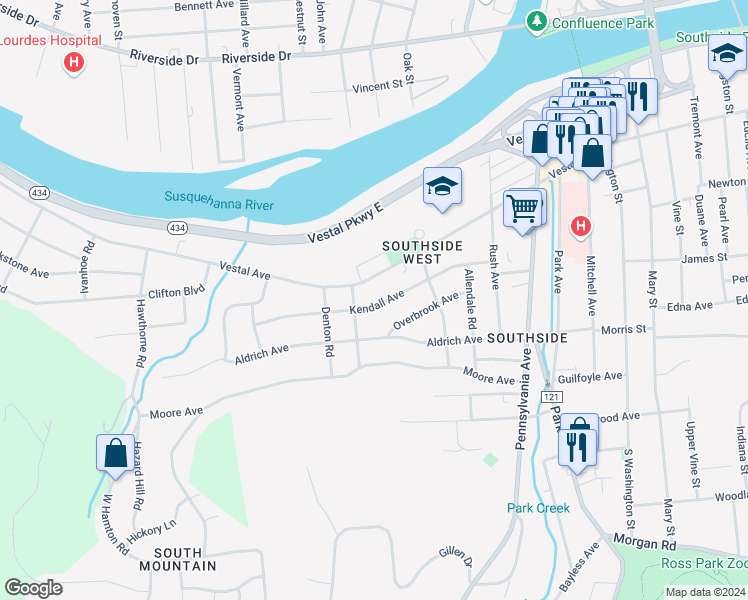 map of restaurants, bars, coffee shops, grocery stores, and more near 46 Kendall Avenue in Binghamton