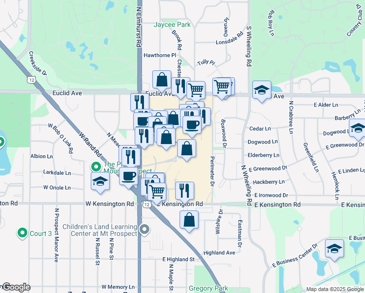 map of restaurants, bars, coffee shops, grocery stores, and more near 1 Randhurst Village Drive in Mount Prospect