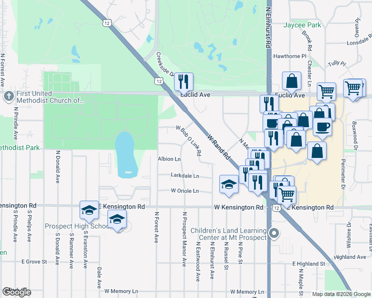map of restaurants, bars, coffee shops, grocery stores, and more near 421 West Bob O Link Road in Mount Prospect