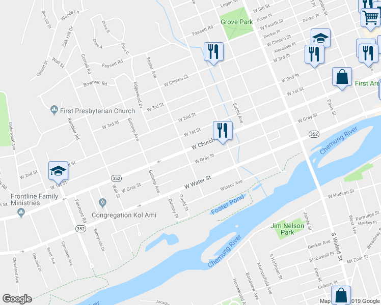 map of restaurants, bars, coffee shops, grocery stores, and more near 741 West Church Street in Elmira