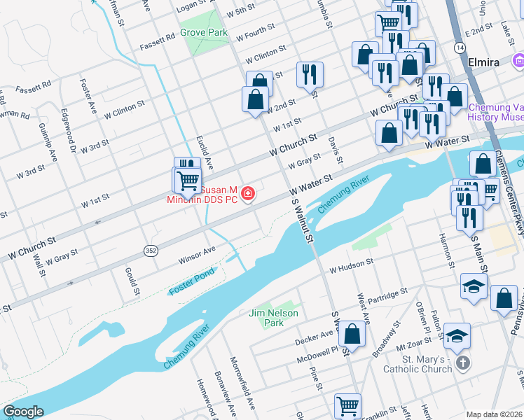 map of restaurants, bars, coffee shops, grocery stores, and more near 50 Grove Street in Elmira