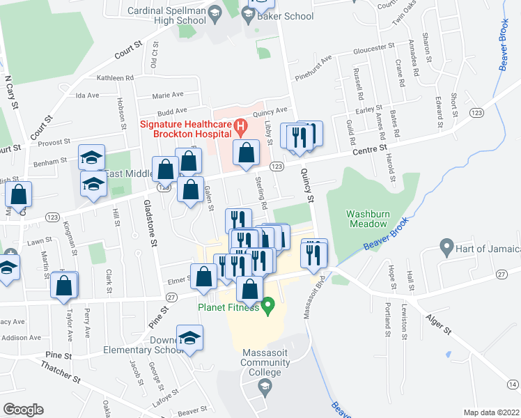 map of restaurants, bars, coffee shops, grocery stores, and more near in Brockton