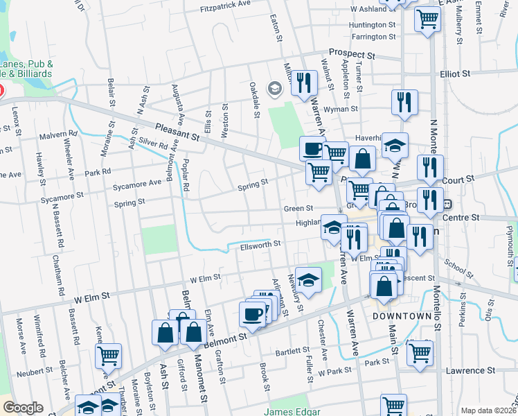 map of restaurants, bars, coffee shops, grocery stores, and more near 103 Highland Street in Brockton