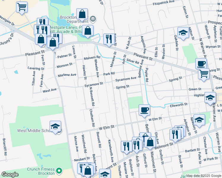map of restaurants, bars, coffee shops, grocery stores, and more near 33 Maxim Street in Brockton