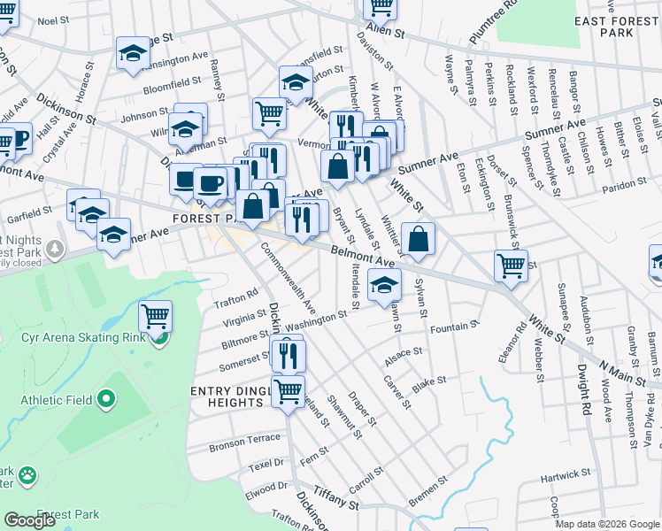 map of restaurants, bars, coffee shops, grocery stores, and more near 34 Meredith Street in Springfield