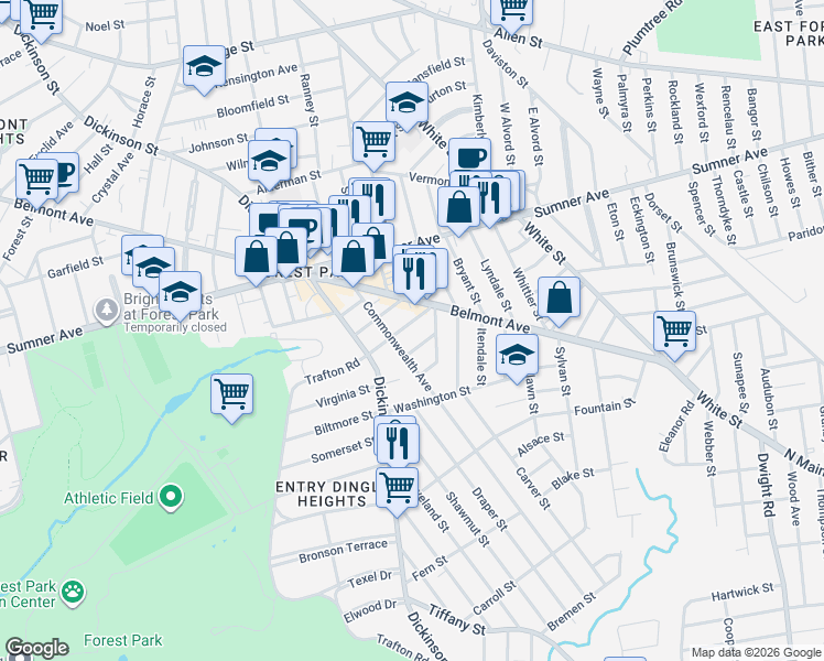 map of restaurants, bars, coffee shops, grocery stores, and more near 14 Fairmount Street in Springfield