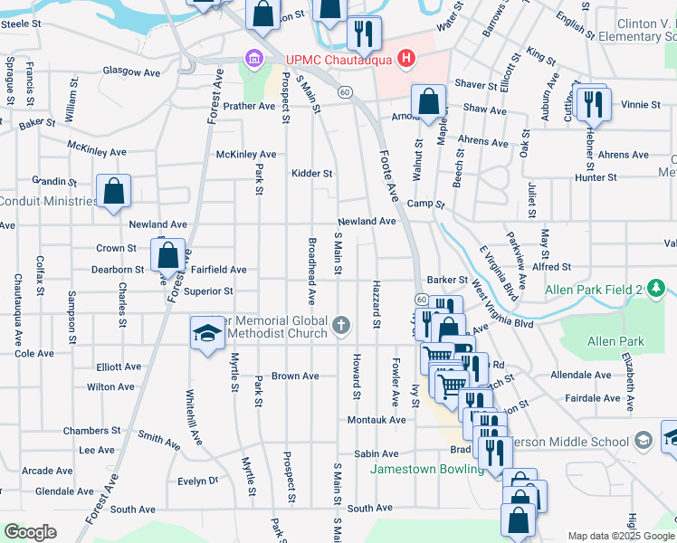 map of restaurants, bars, coffee shops, grocery stores, and more near 329 South Main Street in Jamestown