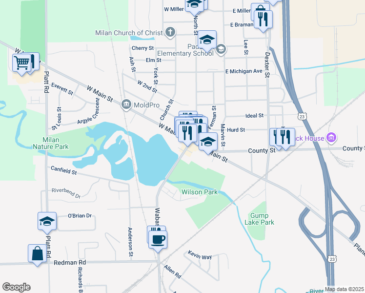 map of restaurants, bars, coffee shops, grocery stores, and more near 45 Wabash Street in Milan