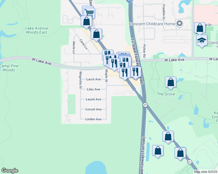 map of restaurants, bars, coffee shops, grocery stores, and more near 1601 Maple Street in Glenview