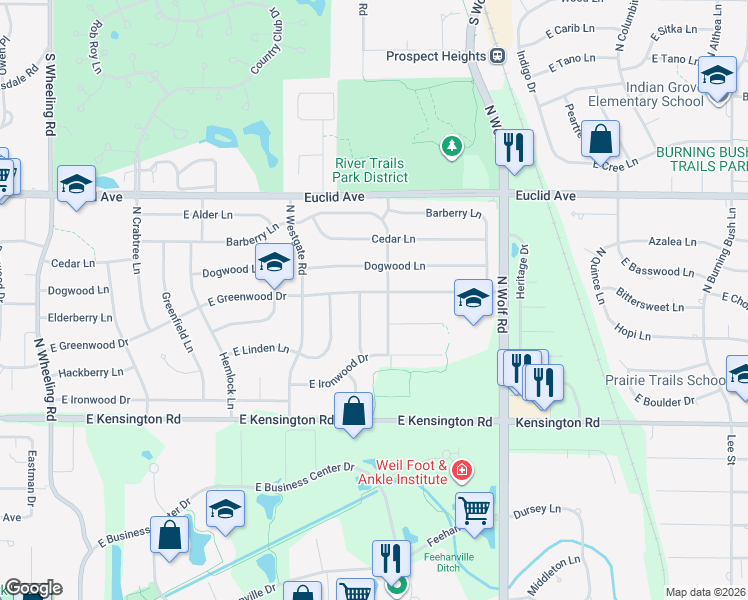 map of restaurants, bars, coffee shops, grocery stores, and more near 1011 Newberry Lane in Mount Prospect