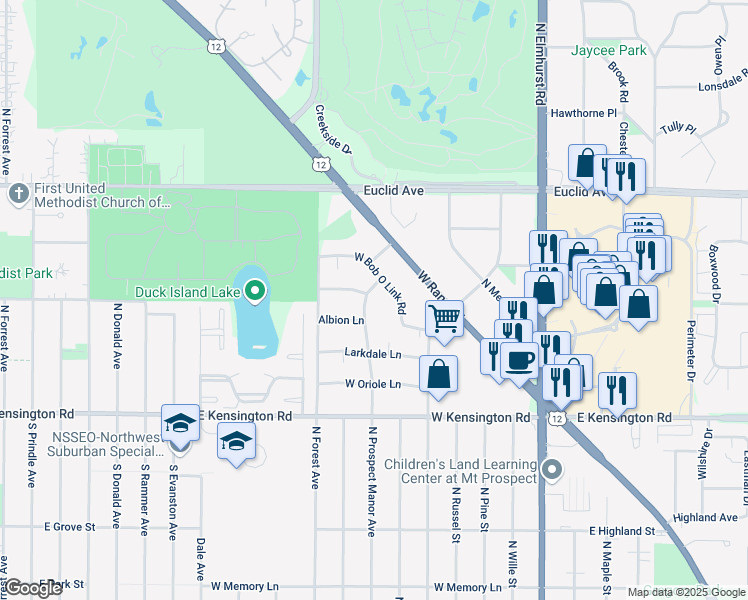 map of restaurants, bars, coffee shops, grocery stores, and more near 421 West Bob O Link Road in Mount Prospect