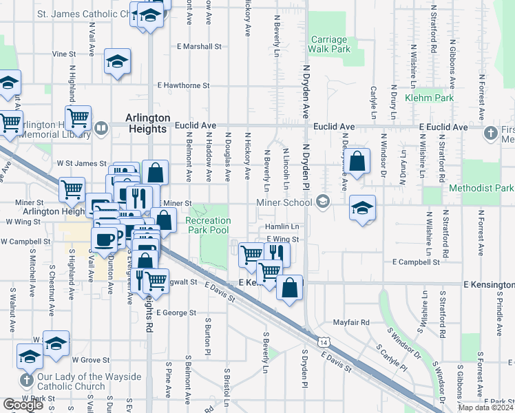 map of restaurants, bars, coffee shops, grocery stores, and more near 801 East Miner Street in Arlington Heights