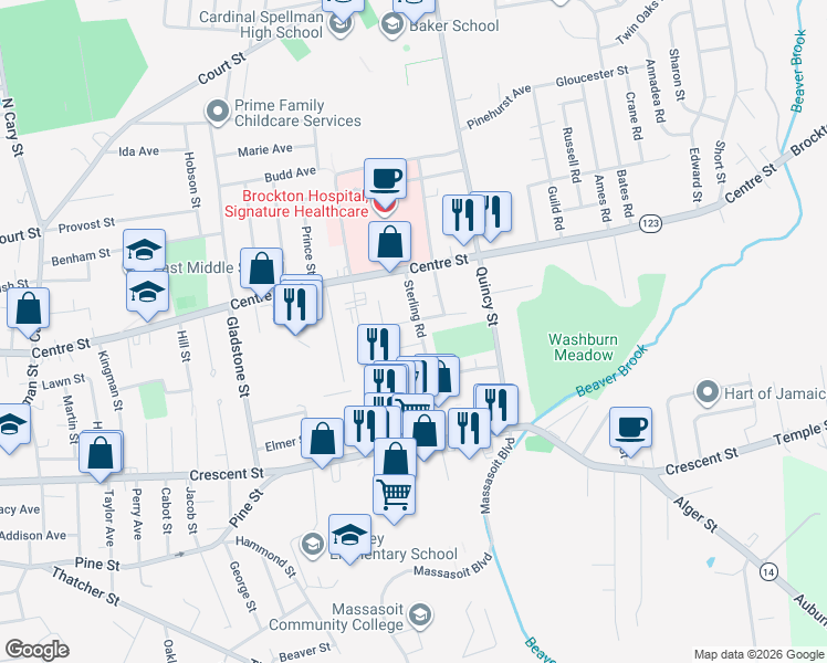 map of restaurants, bars, coffee shops, grocery stores, and more near in Brockton