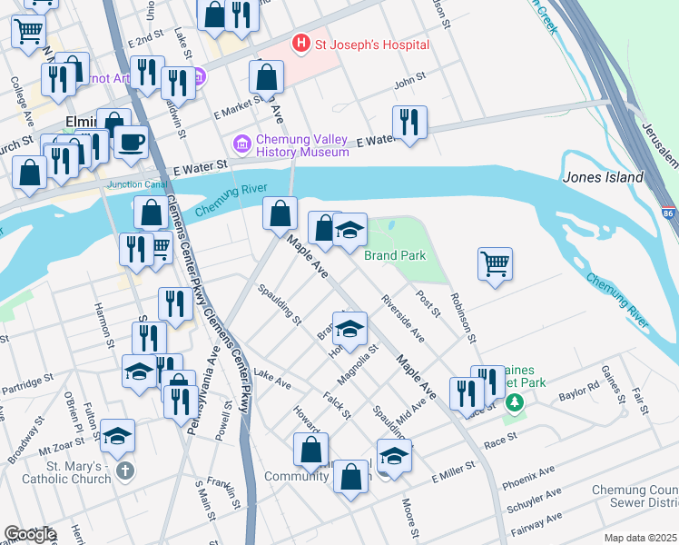 map of restaurants, bars, coffee shops, grocery stores, and more near 405 Maple Avenue in Elmira