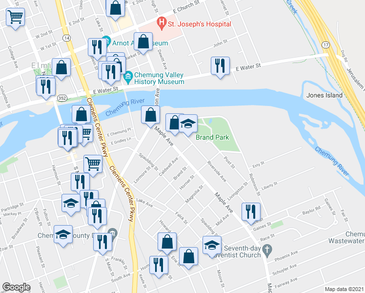 map of restaurants, bars, coffee shops, grocery stores, and more near 405 Maple Avenue in Elmira