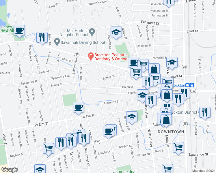 map of restaurants, bars, coffee shops, grocery stores, and more near 28 Lexington Street in Brockton