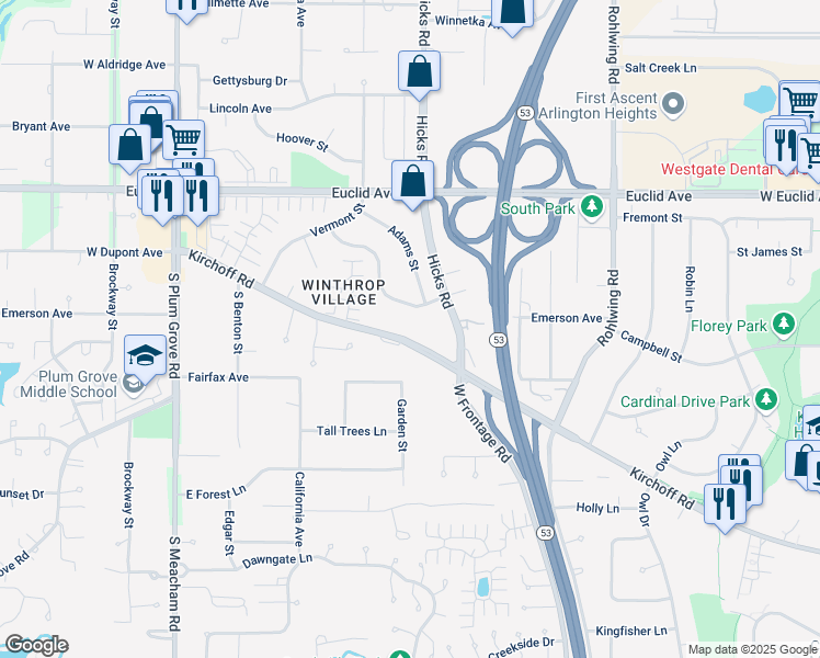 map of restaurants, bars, coffee shops, grocery stores, and more near 4280 Kirchoff Road in Rolling Meadows